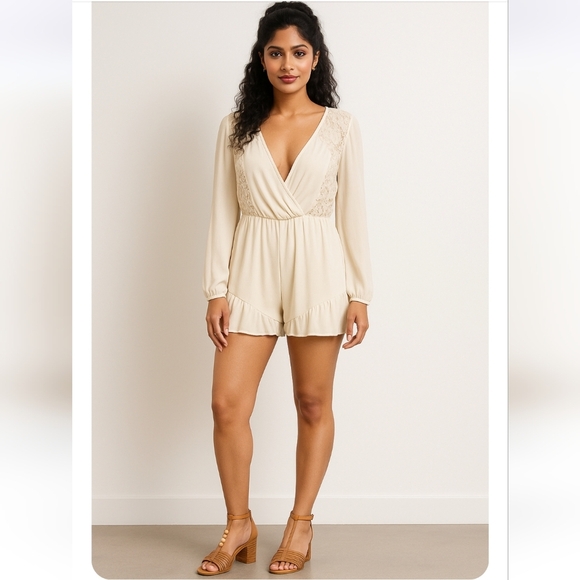 Miin Elegant Cream Long Sleeve Lace Back Ruffle Hemline Lined Romper Jumpsuit L - Picture 3 of 13